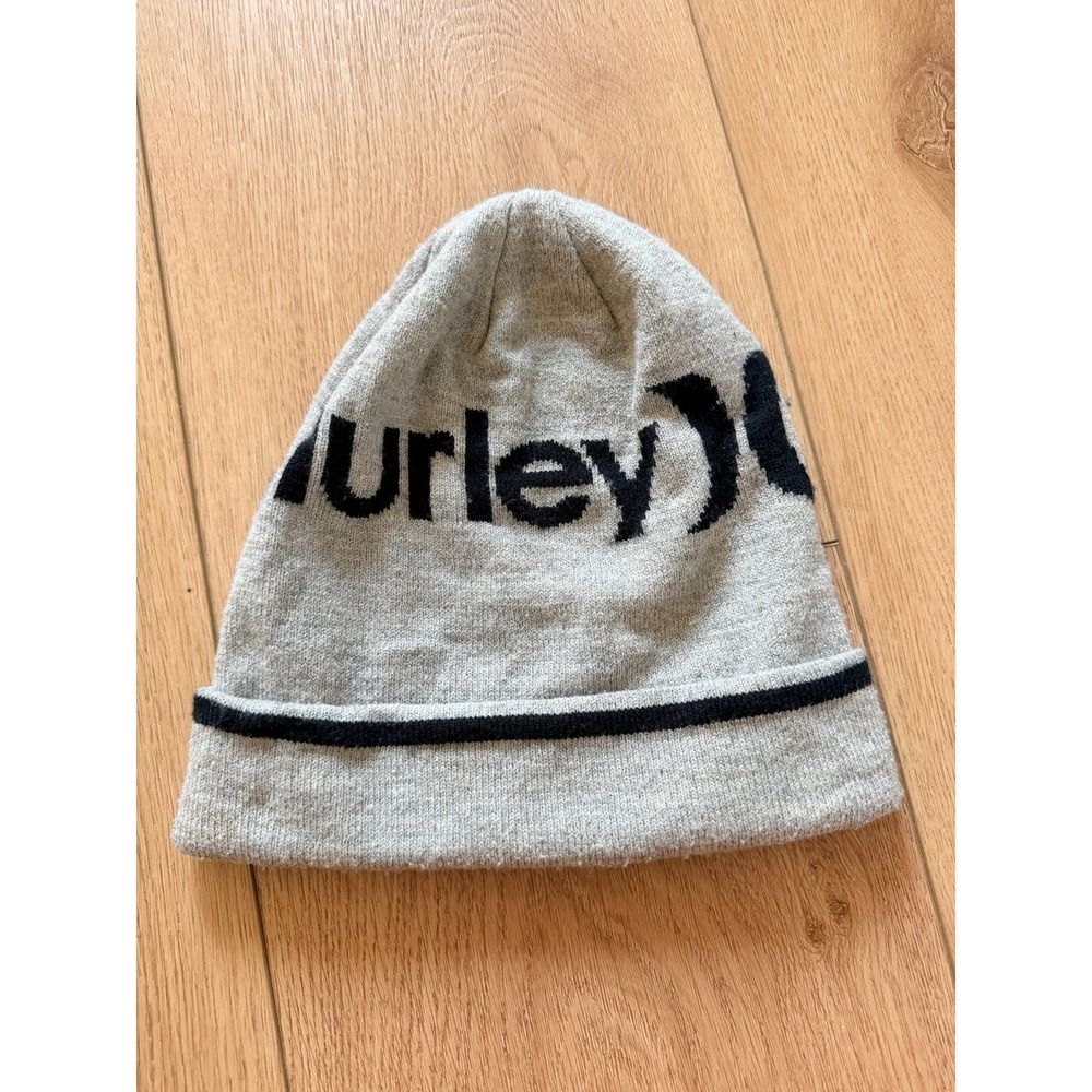 Hurley Youth Beanie Hat Heather Grey Black Logo Knit Cuffed Skater Cap 7113-G0E